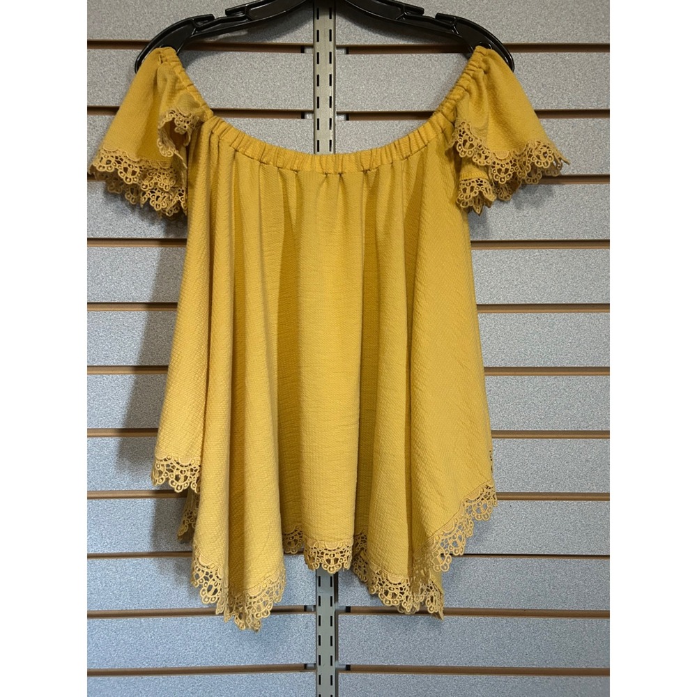 Daytrip Womens Small Mustard Yellow Off Shoulder Crochet Lace Handkerchief Top